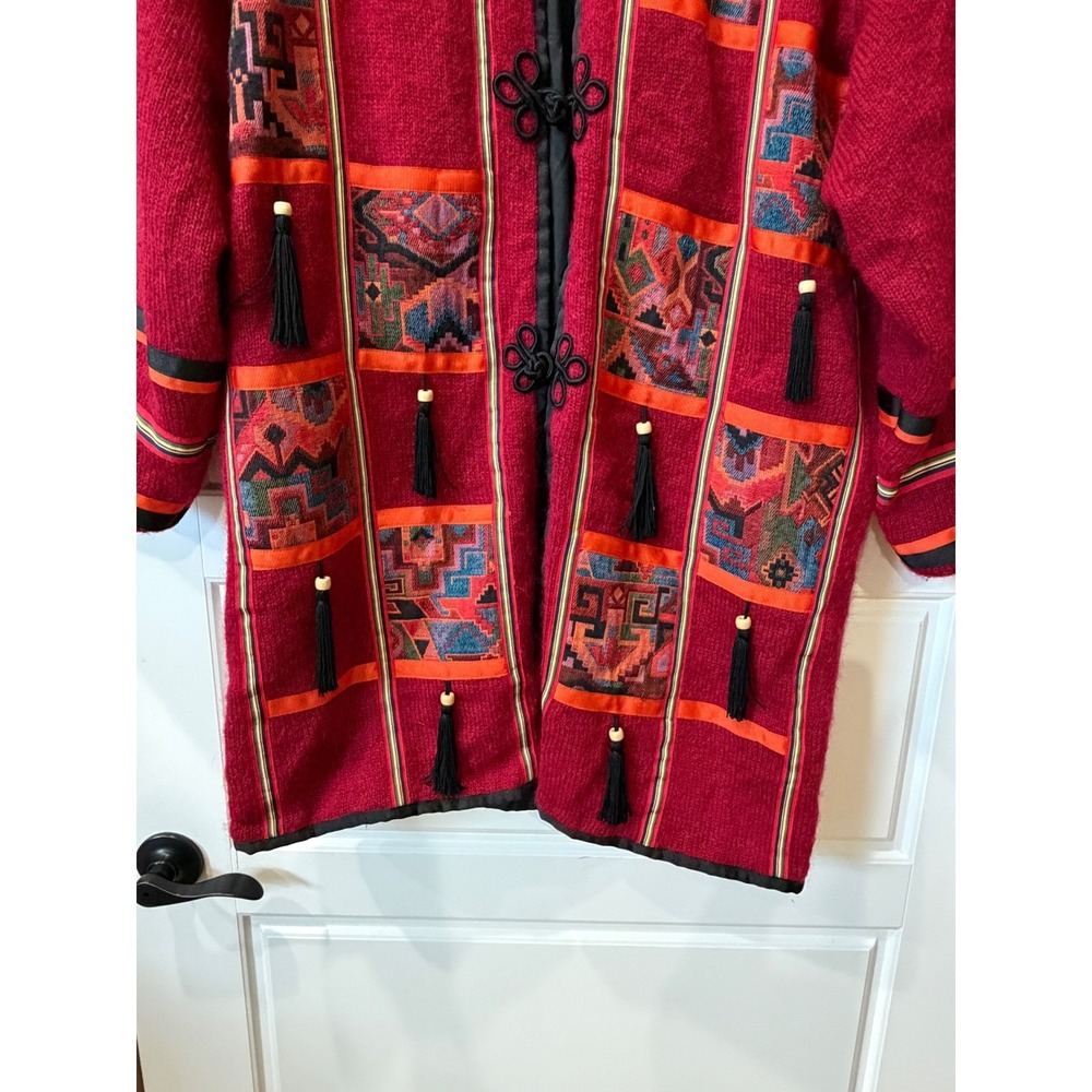 Vintage 90s TLC‎ by Lambert Red Mohair Tapestry Cardigan Medium Boho Art To Wear - Picture 4 of 13